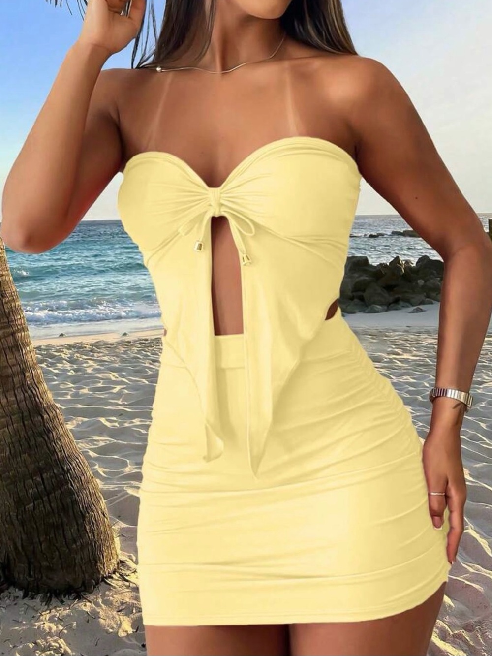 Strapless Tie-Front Mini Dress in Pale Yellow